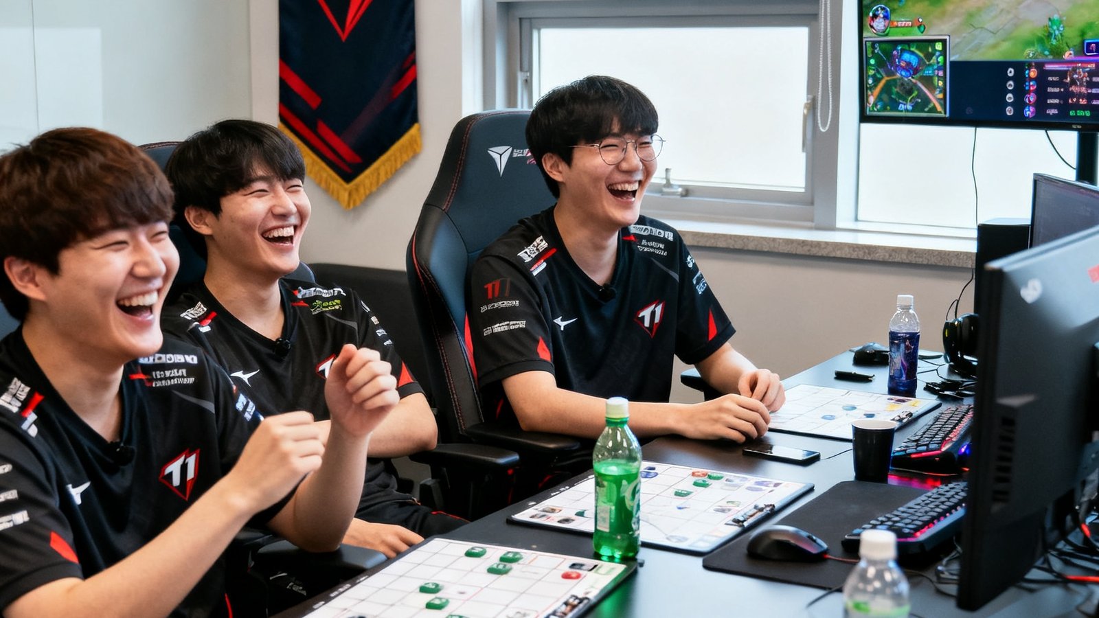 T1 战队休息室片段，队员复盘时大笑，幕后花絮